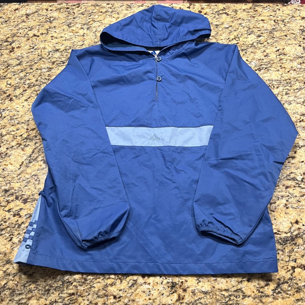 Adidas Vintage Mens Blue Half Zip Hooded Windbreaker Pullover‎ Jacket Large